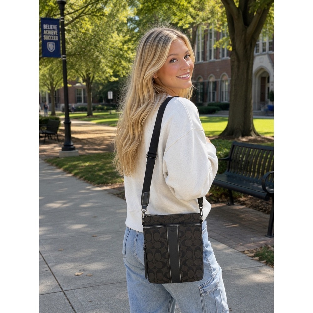 Coach Heritage Signature Slim Jacquard Swingpack Crossbody Bag Black Gray Light